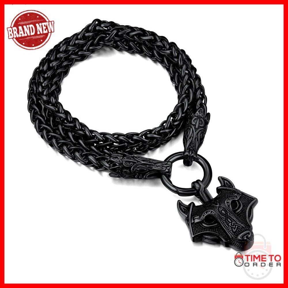 Stainless Steel Viking Wolf Head Necklace, Chunky Chain, 28 Inch